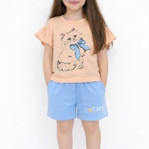 frill sleeves kitty charm cotton short set (peach & sky blue)
