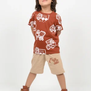 mini builder cotton short set (rust brown & beige)
