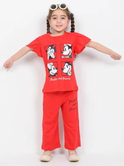 frill sleeves mickey and minnie cotton trouser set (cherry red)