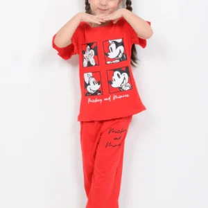 frill sleeves mickey and minnie cotton trouser set (cherry red)