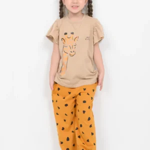 frill sleeves giraffe glow cotton trouser set (beige & mustard)