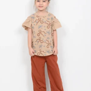 frill sleeves floral whim cotton trouser set (beige & rust)