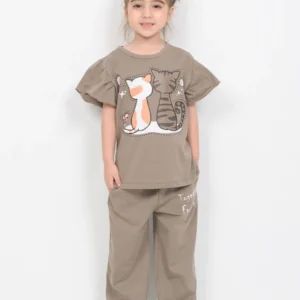 frill sleeves cozy cats trouser set (light brown)