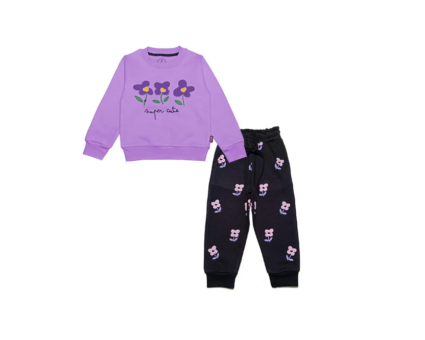 super cute flowers fleece tracksuit soft purple & black