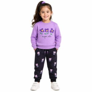 super cute flowers fleece tracksuit soft purple & black