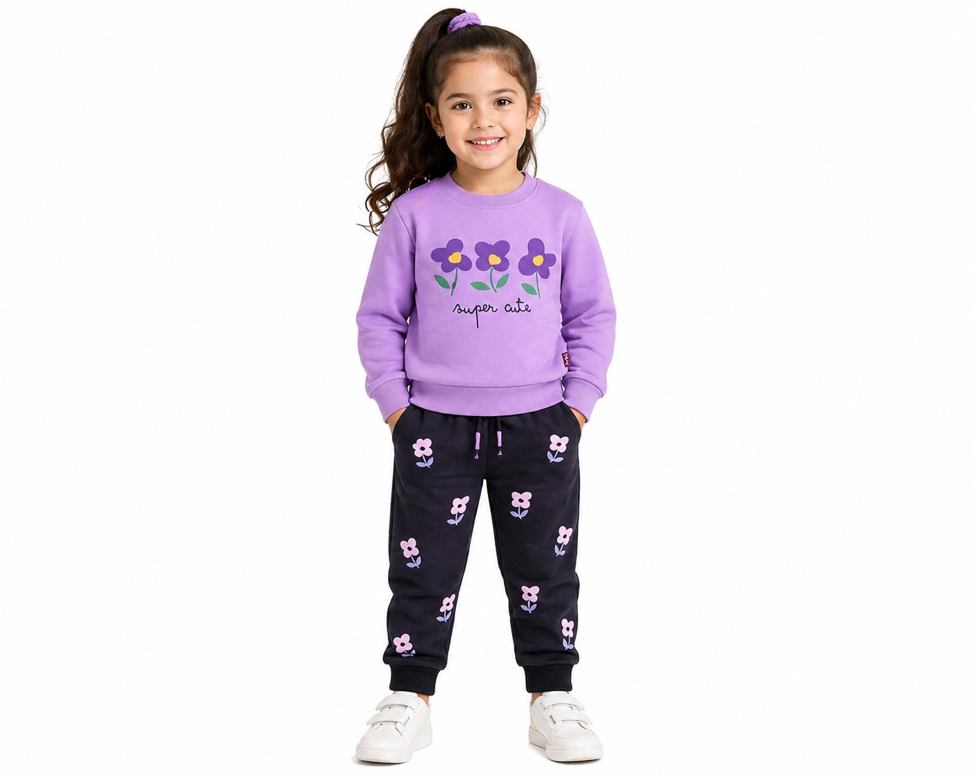 super cute flowers fleece tracksuit soft purple & black